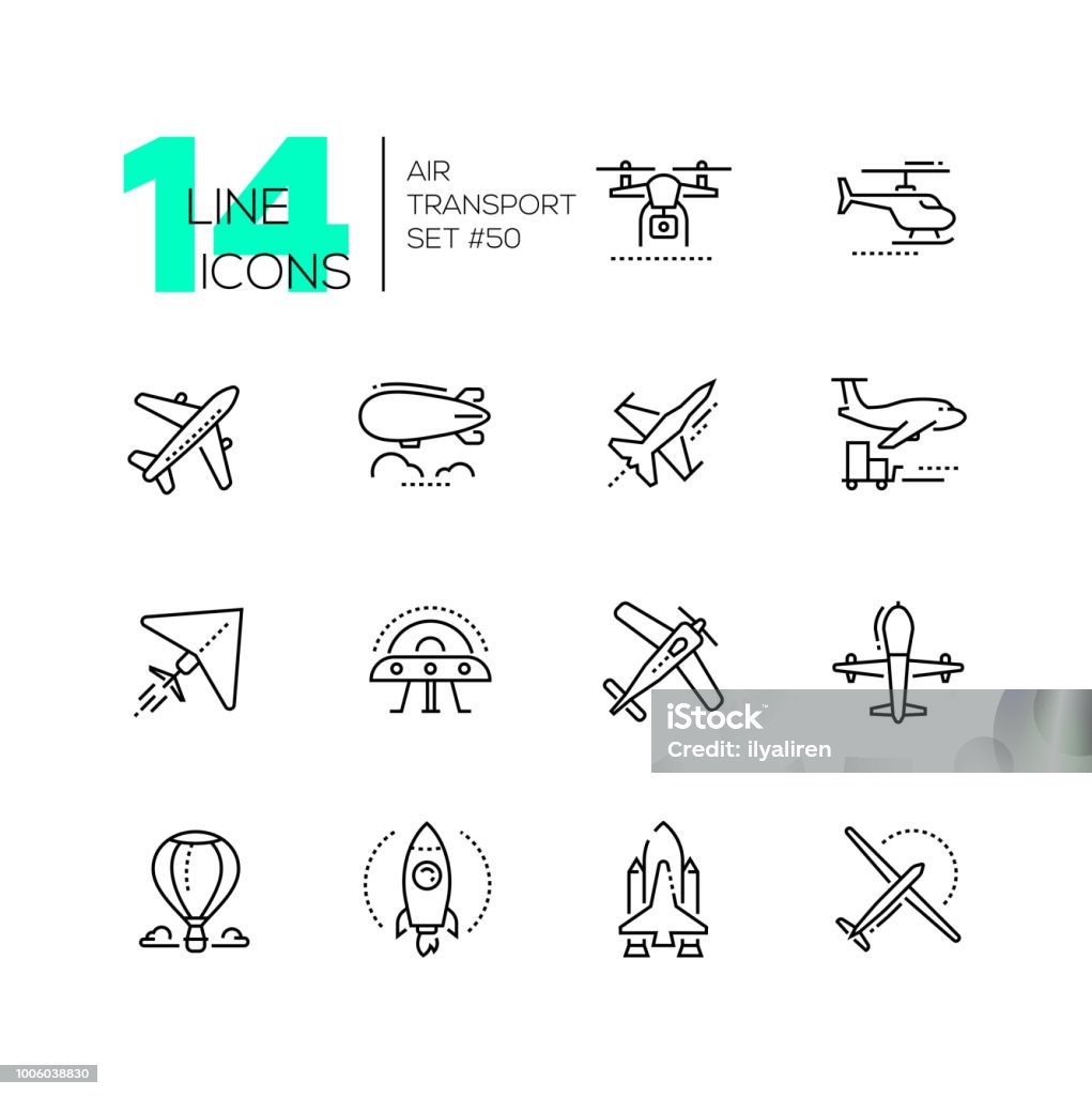 Air transport - thin line design icons set Air transport - thin line design icons set. Black pictograms. Plane, helicopter, airship, balloon, jet fighter, cargo, quadcopter, flying saucer, hang glider, drone, rocket, space shuttle, airplane Icon Symbol stock vector