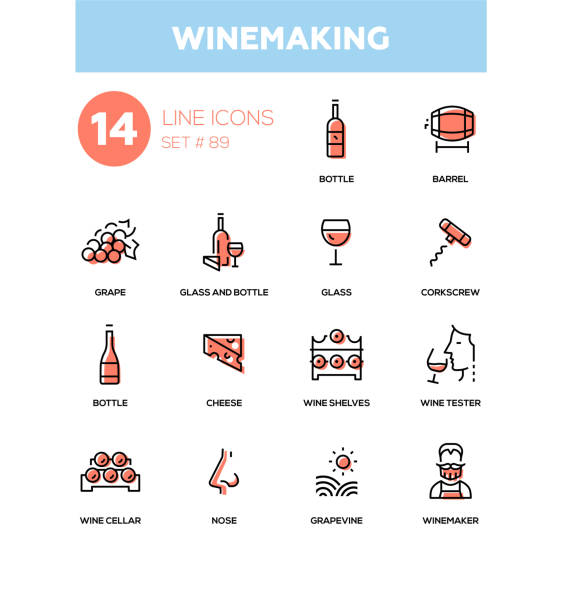 ilustrações de stock, clip art, desenhos animados e ícones de winemaking - modern line design icons set - wine cellar wine bottle grape