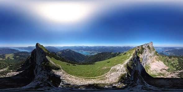 360x180 degree full spherical (equirectangular) aerial panorama of Schafberg summit, Upper Austria
