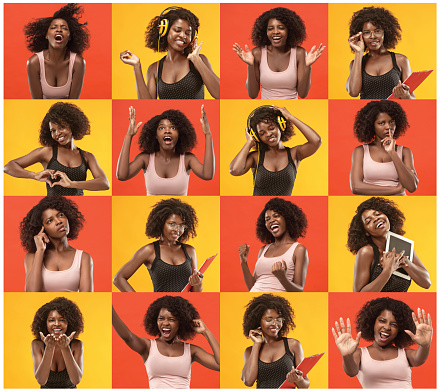 Collage about surprised, smiling and happy beautiful afro woman. Human different emotions and facial expression concept