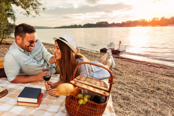 młoda para na piknik na plaży. leżąc na kocu piknikowym, picie czerwonego wina - swimming animal beach casual loving zdjęcia i obrazy z banku zdjęć