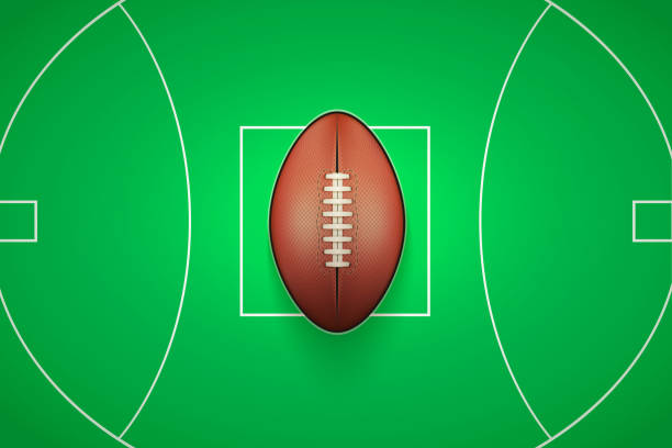 Poster Template of Australian rules football Ball Poster Template with Australian rules football Ball on grass field. Cup and Tournament Advertising. Sport Event Announcement. Vector Illustration. football league stock illustrations