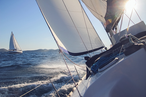 Two classic sail boat in Mediterranean sea, aerial view