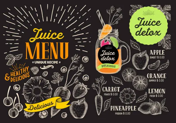 Vector illustration of Juice smoothie menu for restaurant and cafe. Vector drink flyer. Design template with vintage fruit hand-drawn illustrations.