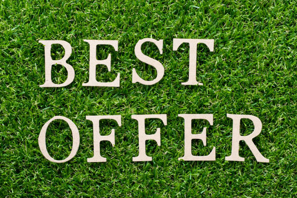 istock Wood alphabet in word best offer on artificial green grass background 1006062312