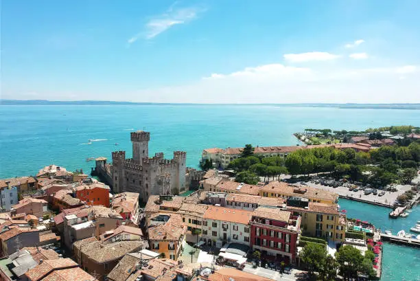 sirmione aerial view shot from drone during a summer day