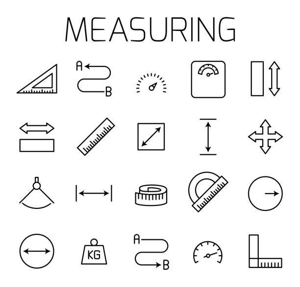 illustrazioni stock, clip art, cartoni animati e icone di tendenza di insieme di icone vettoriali correlate a measuirng. - strumento di misura