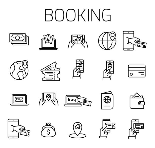 Booking related vector icon set. Booking related vector icon set. Well-crafted sign in thin line style with editable stroke. Vector symbols isolated on a white background. Simple pictograms. wildlife reserve stock illustrations