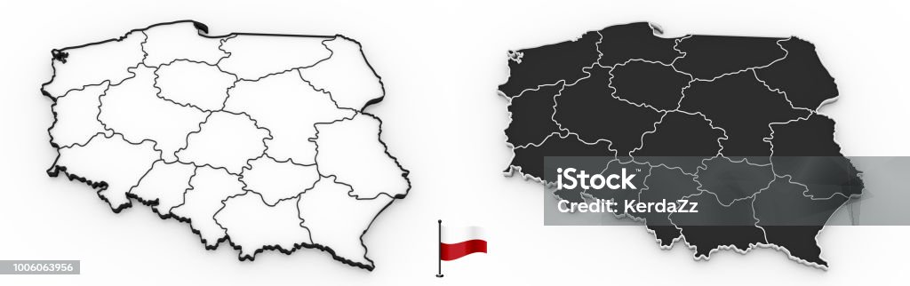 Detailed map of Poland with national regions 3D model of Poland with national borders and regions with flag pole Art Stock Photo