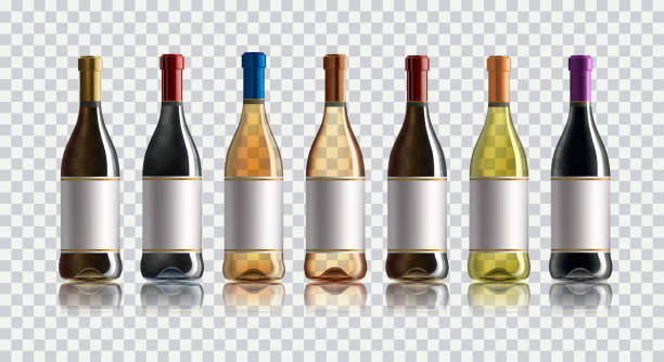 illustrazioni stock, clip art, cartoni animati e icone di tendenza di bottiglia di vino rosso. set di bottiglie di vino bianco, rosato e rosso. isolato su sfondo bianco - grape white grape green muscat grape