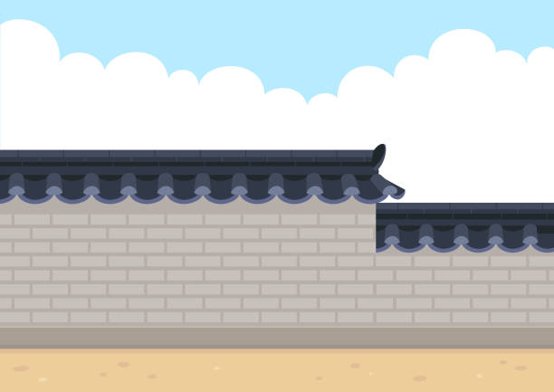 Traditional Korean style stone wall fence with sky background traditional,Korean,style,stone,wall,fence,architecture,culture,roof,landscape,sky,background eaves stock illustrations