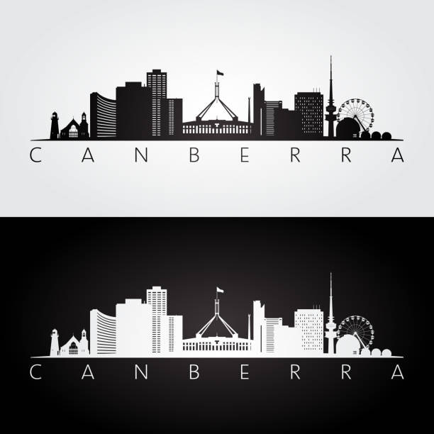 Canberra skyline and landmarks silhouette, black and white design, vector illustration. Canberra skyline and landmarks silhouette, black and white design, vector illustration. canberra stock illustrations