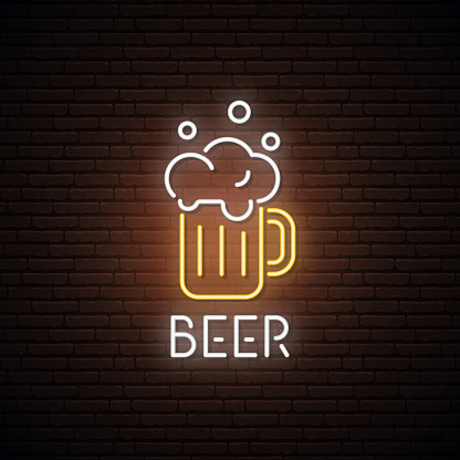 Neon sign of Beer Mug. Neon bar emblem, bright banner. Advertising design. Night light signboard. Vector illustration.