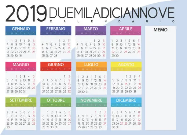 Vector illustration of 2019 Italian calendar