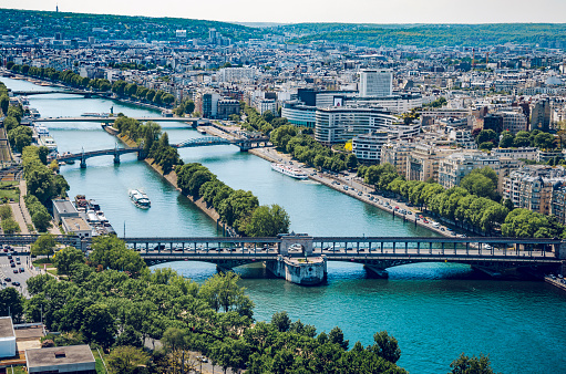 Paris aerial cityscape, Pont de Bir Hakeim crossing Seine river, Paris, France