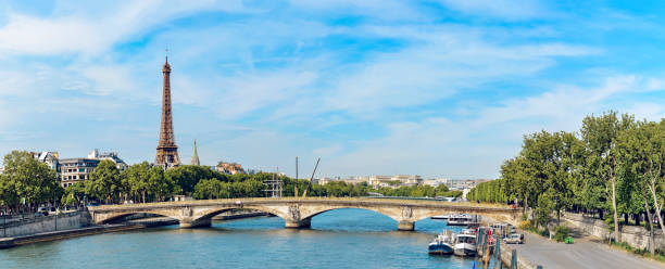 istock Panoramic view of Paris with bridge Pont des Invalides, Seine river and Eiffel Tower at background on spring sunny day 1006086146