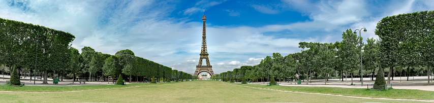 Amazing wide panorama of Champs de Mars and Eiffel tower in paris, no people