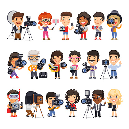 Cartoon flat characters of photographers in various poses with cameras and equipment. Isolated on white background. Clipping paths included.
