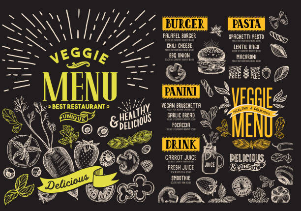 Vegetarian menu for cafe. Vector food flyer for restaurant. Design template with food hand-drawn graphic illustrations. vector art illustration