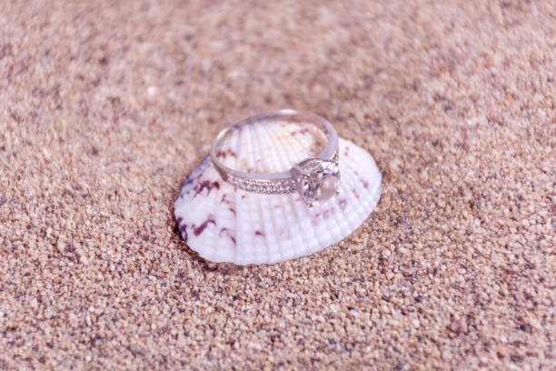 Beautiful wedding diamond engagement ring on sea shell and sandy blurred and soft background. Jewelry concept. Close up, selective focus