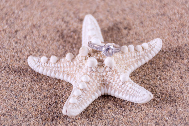 istock Diamond engagement wedding ring on starfish on sandy beach 1006095664