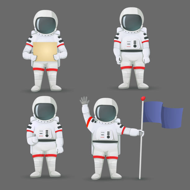 Set of astronauts standing with different gestures isolated on grey background. Giving thumbs up, waving, holding the flag, sign. Set of astronauts standing with different gestures: giving thumbs up, holding sign, flag, and waving isolated on grey background. astronaut stock illustrations