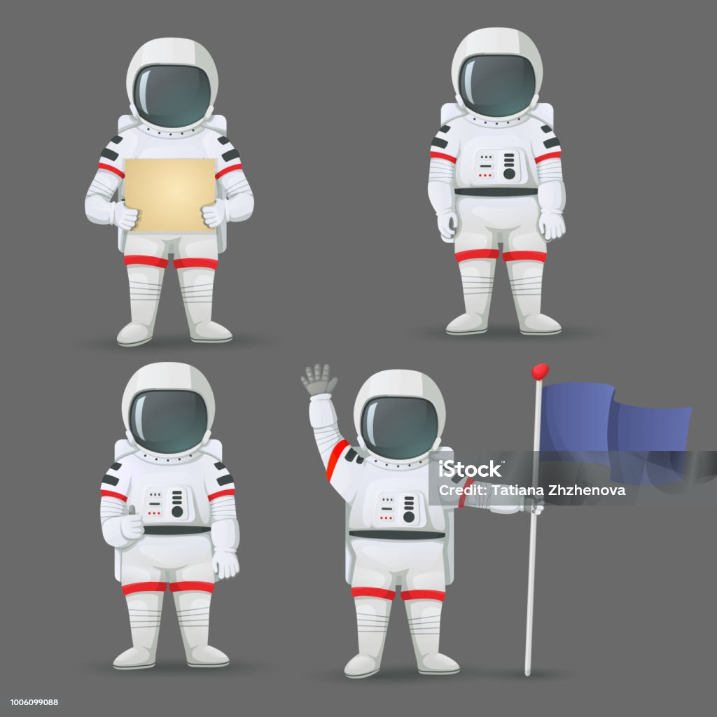 一套宇航員站在不同的姿態, 在灰色背景下孤立。豎起大拇指, 揮舞著旗幟, 簽名。 - 免版稅太空人圖庫向量圖形