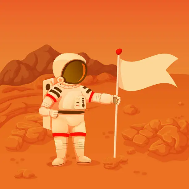 Vector illustration of Astronaut with one arm akimbo standing on the mars surface holding a flag.