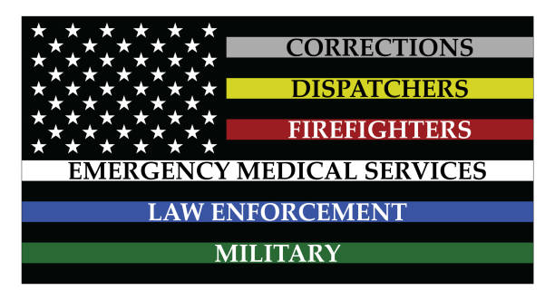 United states of America flag with colored lines United states of America flag with colored lines represent corrections, dispatchers, firefigters, emergency medical services, law enforcement and military emergency services occupation stock illustrations