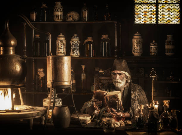 the alchemist - old laboratory alchemy alchemist imagens e fotografias de stock