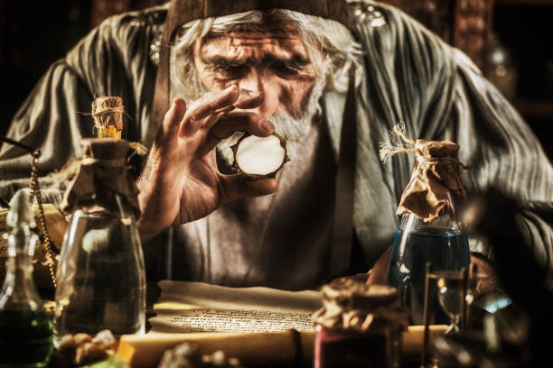 the alchemist - old laboratory alchemy alchemist imagens e fotografias de stock