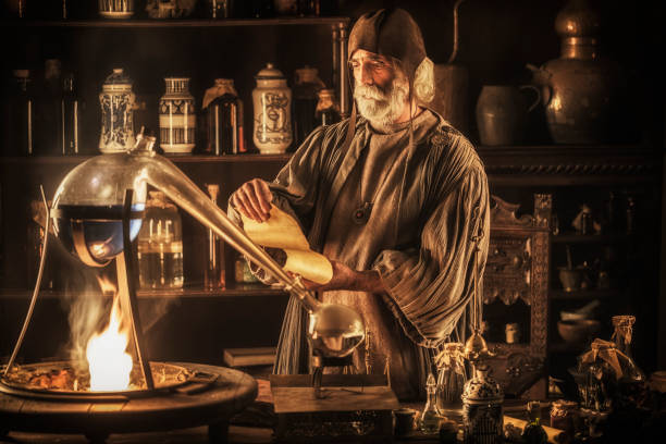 the alchemist - old laboratory alchemy alchemist imagens e fotografias de stock