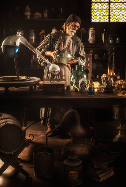 the alchemist - old laboratory alchemy alchemist imagens e fotografias de stock