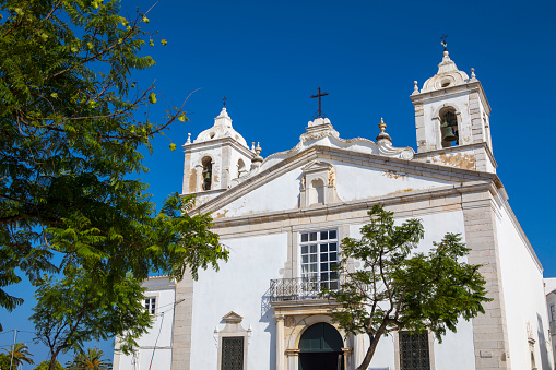 The exterior of Igreja de Santa Maria, or Church of Santa Maria, in the historic old town of Lagos in Portugal.