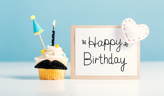 Birthday message with a cupcake with a moustache