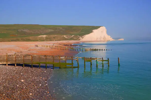 Seven Sisters chalk cliffs East Sussex uk between Seaford and Eastbourne viewed from Cuckmere haven beach