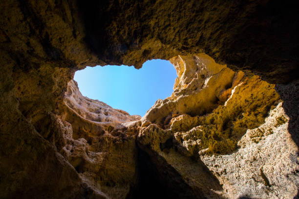 A view inside the stunning Benagil Caves along the Algarve coast in Portugal.