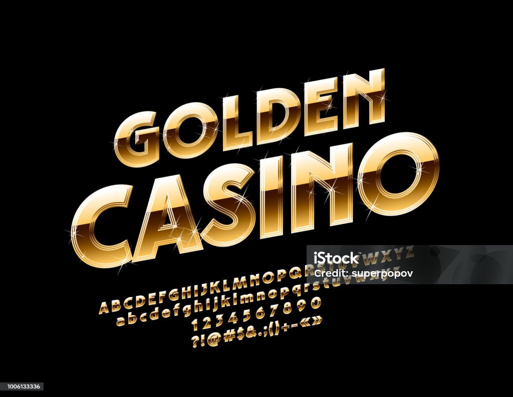 Vector sparkling logo Golden Casino with Alphabet Luxury shiny Font. Chic Letters, Numbers and Symbols Gold - Metal stock vector