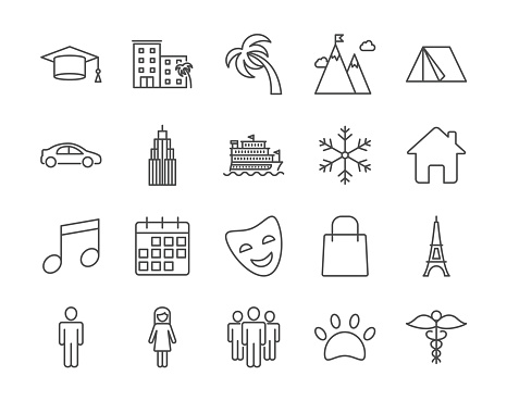 Search for fellow travelers, companion vector icons set outline style
