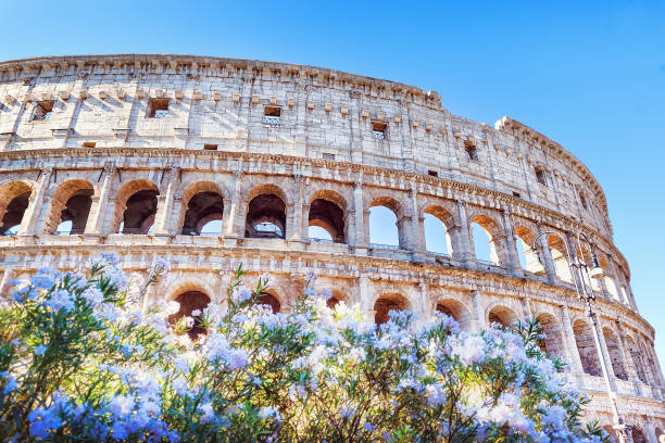 istock Rome, Coliseum, Italy. Romantic view on iconic landmark ancient Coliseum through blooming flowers of oleander. 1006134618