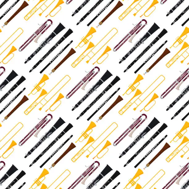 Vector illustration of Wind musical instruments tools acoustic musician equipment orchestra seamless pattern background vector illustration