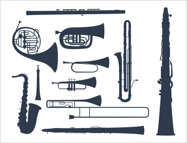 illustrations, cliparts, dessins animés et icônes de instruments de musique outils musicien acoustique matériel orchestre vector illustration du vent - trumpet jazz bugle brass instrument