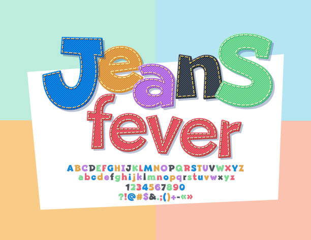 Vector Funny Emblem Jeans fever with Fabric Font Colorful Denim Alphabet Letters, Numbers and Symbols Seam stock illustrations
