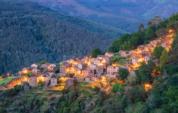 View of Talasnal shale village at dusk, Portugal. stock photo