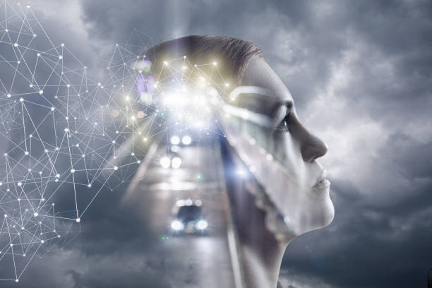 Woman thinks on a background of sky and road.