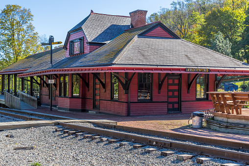 An old railroad station in Frostburg Maryland.  No people around.
