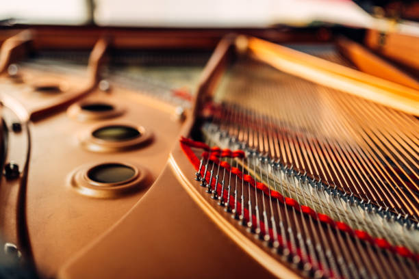 inside grand piano, strings closeup, nobody - piano interior imagens e fotografias de stock