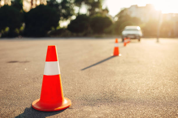 Cones for the examination, driving school concept Cones for the examination, driving school concept. lesson for novice car drivers, test for beginner traffic cone photos stock pictures, royalty-free photos & images