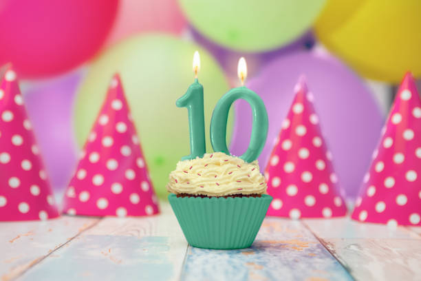 istock Single cupcake for tenth birthday with party hats 1006153566