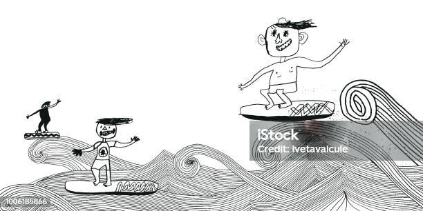 Beach Fun And Surfing Stock Illustration - Download Image Now - Surfing, Men, Surfboard